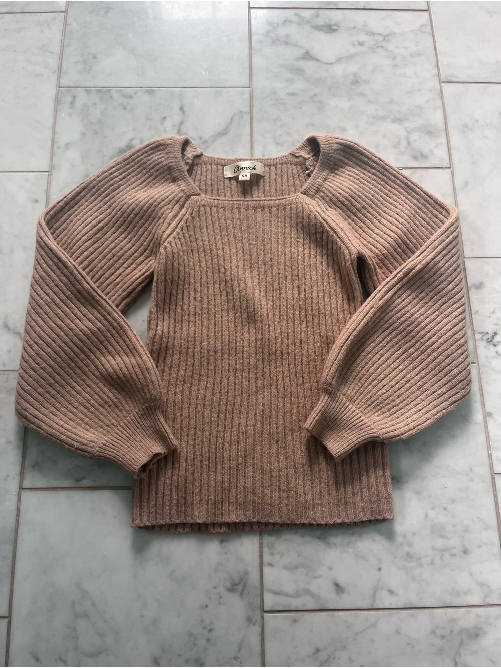 Beige Ribbed Square-Neck Sweater